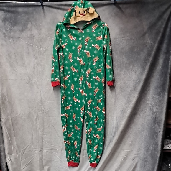 Green Hooded Onesie with Reindeer Print - Picture 1 of 4